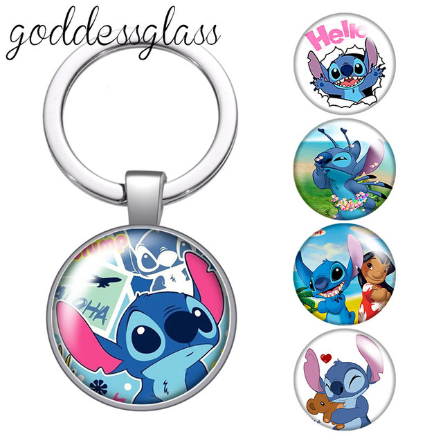 Cartoon Cute Stitch Round glass cabochon keychain Bag Car key